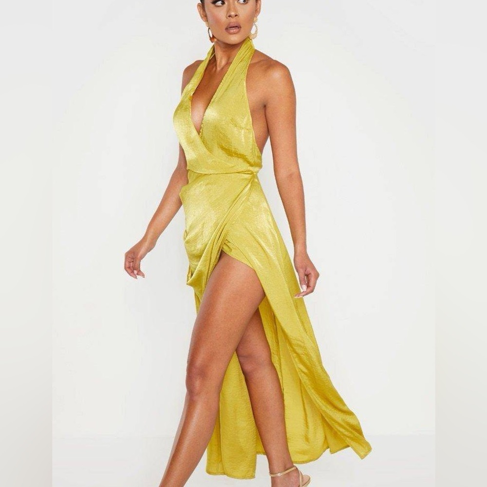 PrettyLittleThing mustard Yellow Hammered Satin Halterneck Maxi Dress